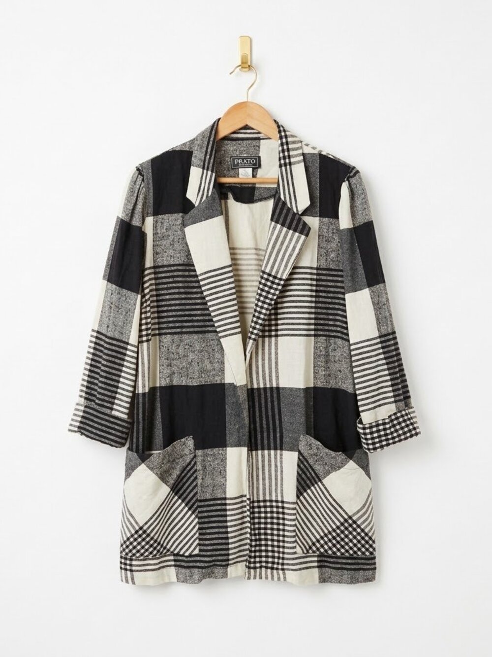 Lagenlook Blazer Jacket Size XL Black Grey Plaid Vintage Oversized Grunge